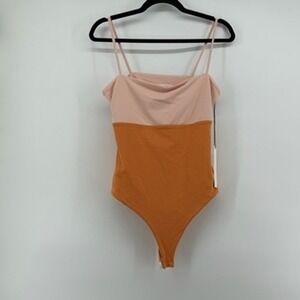 Susana Monaco Color Block Bodysuit Pink Sand Tango Square Neckline XL‎ NWT